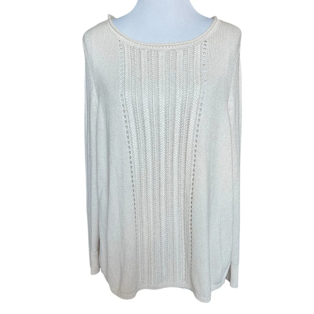 Lucky Brand cream gold shimmer layered sweater split back - Picture 3 of 10